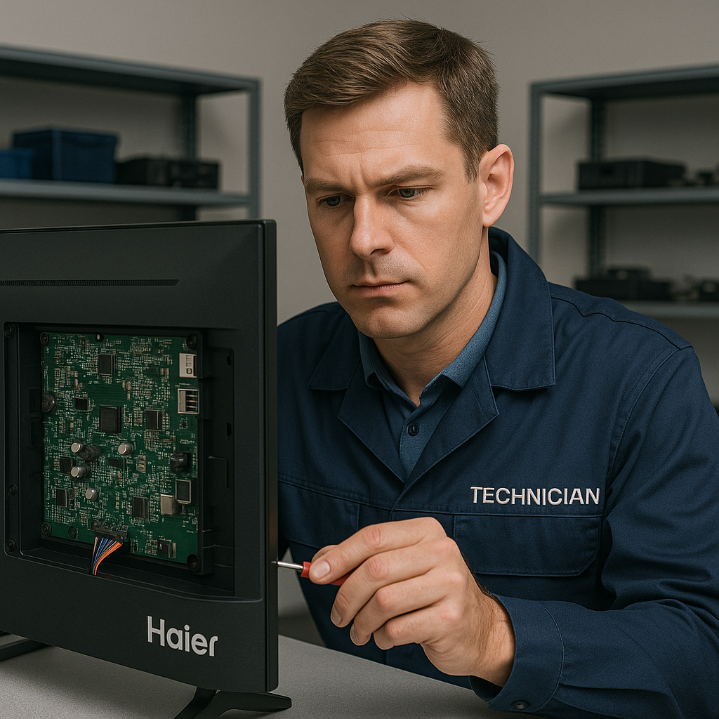 Professional technician repairing a Haier smart TV in a modern repair room.