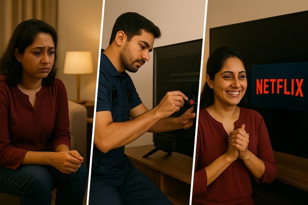 technician checking tv  whether the software issue or motherboard 